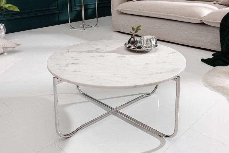Ronde Salontafel Noble – Elegante Witmarmer met Opvouwbaar Zilveren Frame
