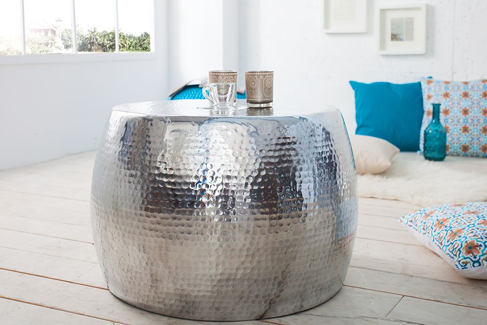 Ronde Salontafel ORIENT 60 cm – Handgemaakte Zilveren Metalen Elegantie
