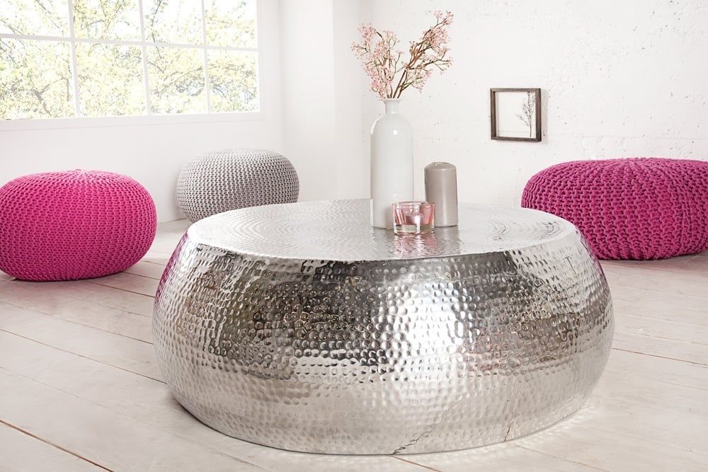 Ronde Salontafel ORIENT 80 cm – Handgemaakt Zilverkleurig Metalen Design van Invicta Interior