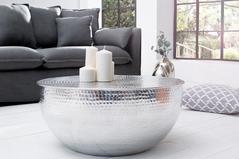 Ronde salontafel ORIENT II – 60 cm zilveren aluminium met gehamerd design
