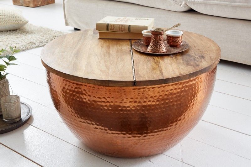 Ronde salontafel ORIENT STORAGE – 60 cm handgemaakte acaciahout met koperaccent en opbergruimte
