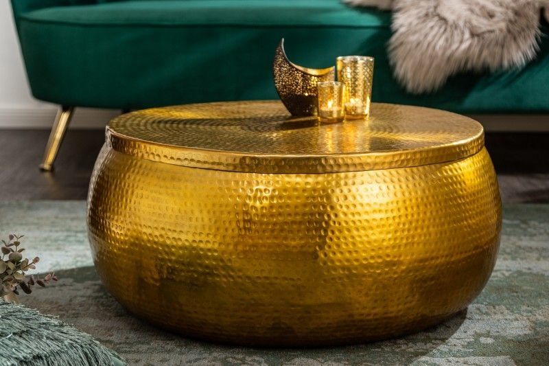 Ronde Salontafel ORIENT STORAGE – 70 cm Goudkleurig Metalen Ontwerp met Handgemaakte Opbergruimte