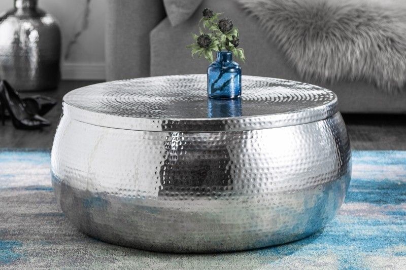Ronde Salontafel ORIENT STORAGE 70 cm – Handgemaakte Zilveren Metaltop met Slimme Opbergruimte