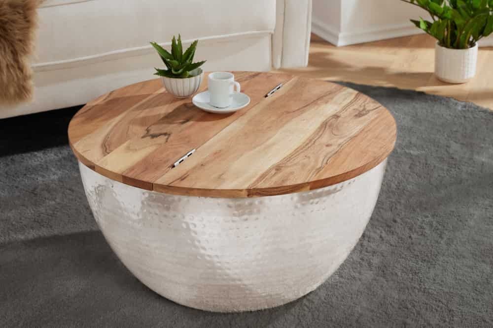 Ronde Salontafel ORIENT STORAGE – Moderne opbergruimte in zilver acaciahout