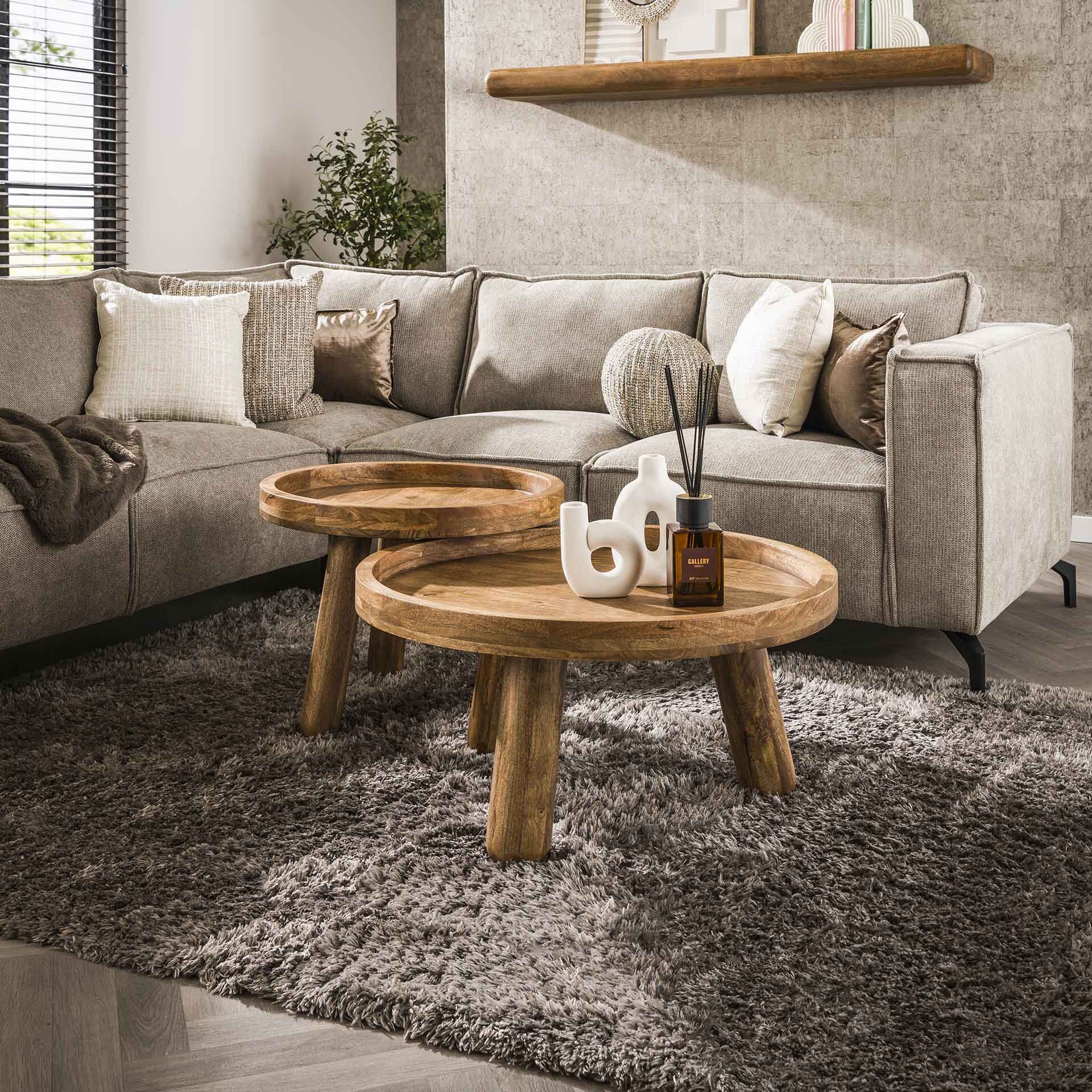 Ronde Salontafel Set Kanda van LifestyleFurn – Massief mangohout, zandkleur, 2‑delig