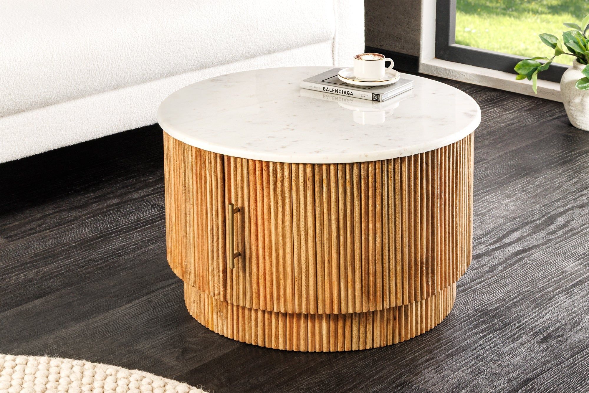 Ronde salontafel Tres Chic 60 cm – Wit marmer & mangohout met opbergruimte | Invicta Interior