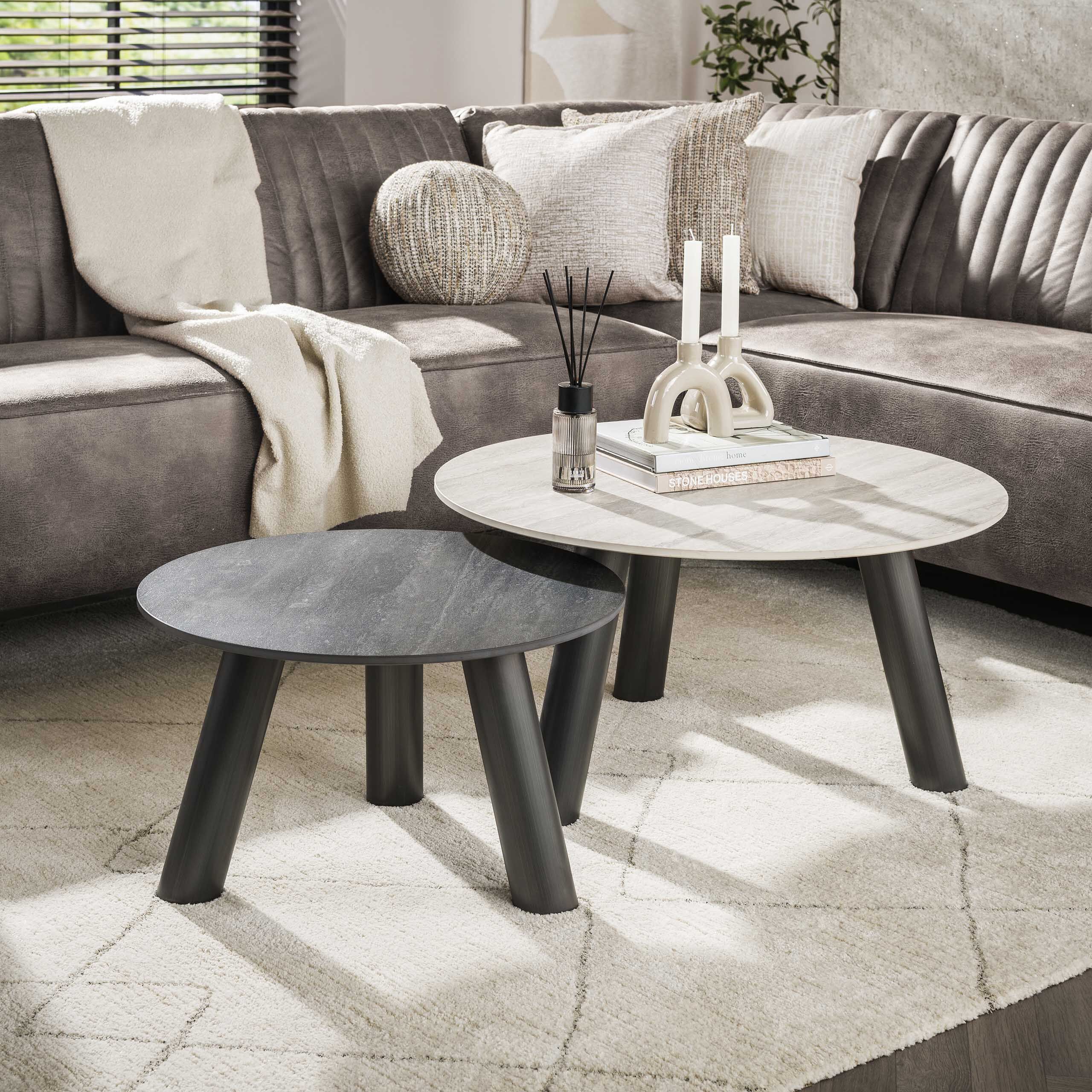 Ronde Salontafel Twin Set – Elegante Keramiek met Travertinlook