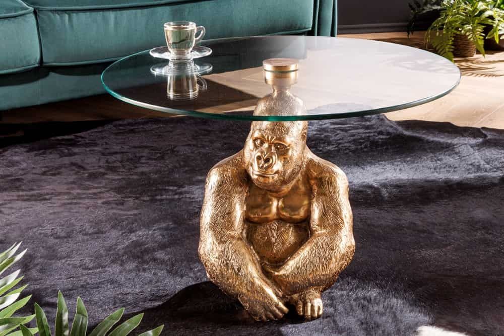 Ronde Salontafel Wildlife Kong – 60 cm Gouden Metaal & Glas met Handgemaakt Gorilla Beeldje