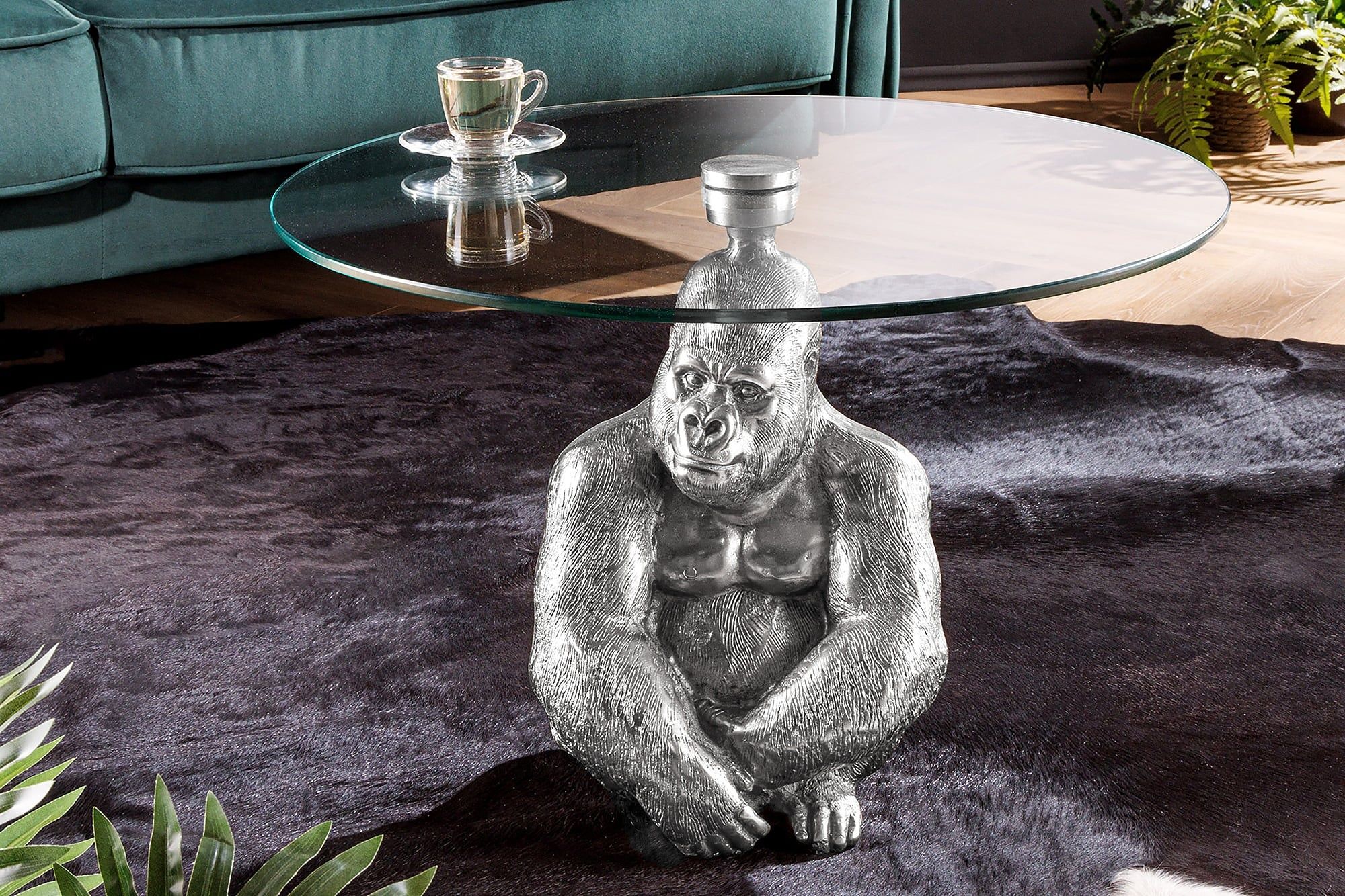 Ronde Salontafel Wildlife Kong 60 cm – Zilver met Glas & Handgemaakte Gorilla Sculptuur