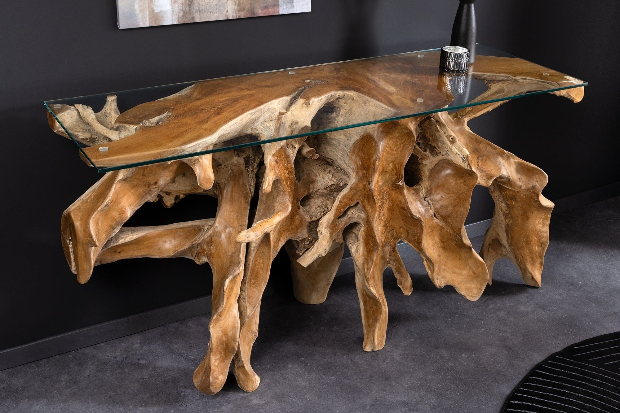 ROOT wandtafel 150 cm – massief teakhout met glazen blad van Invicta Interior