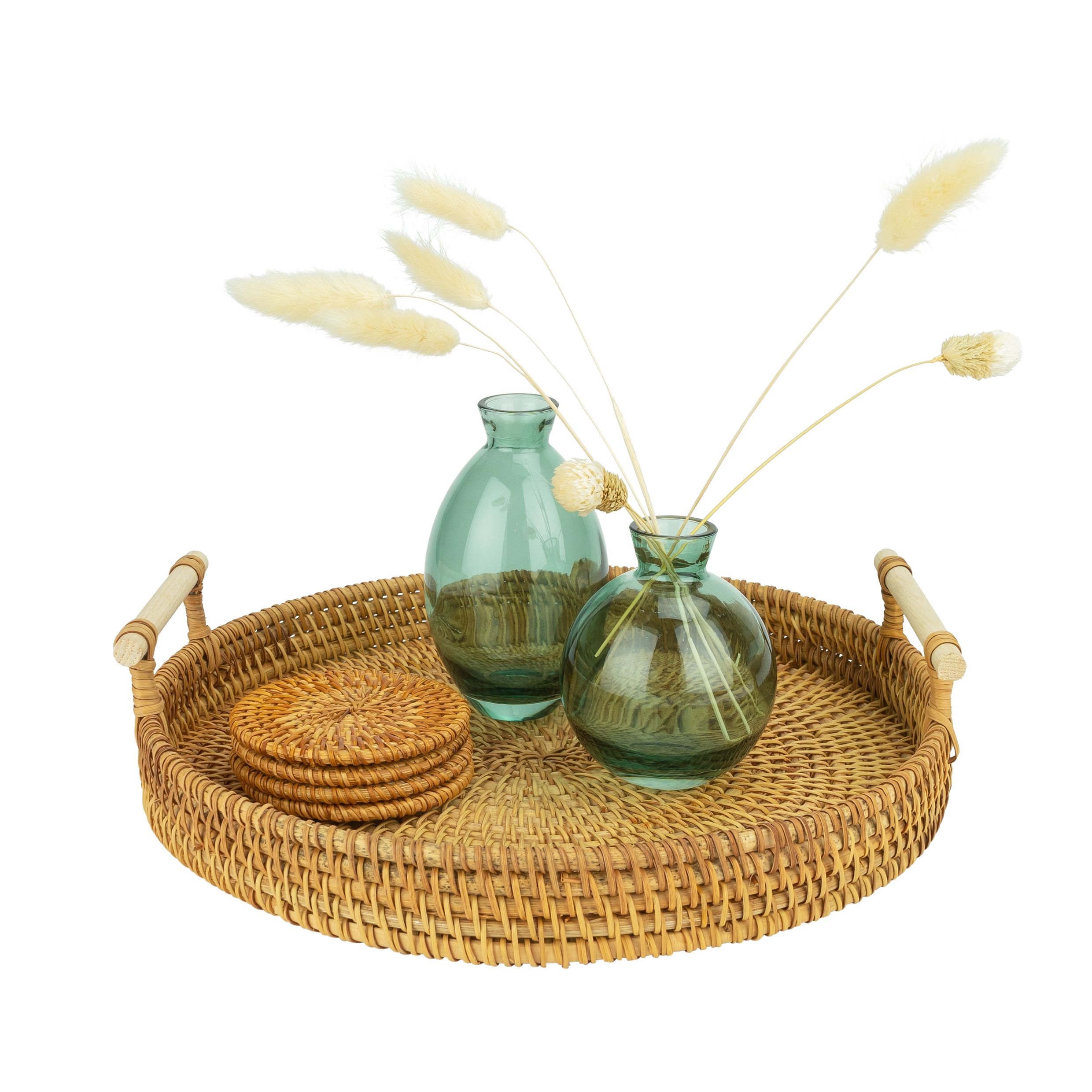 Rotan dienblad met handvaten – QUVIO, 28 cm, lichtbruin