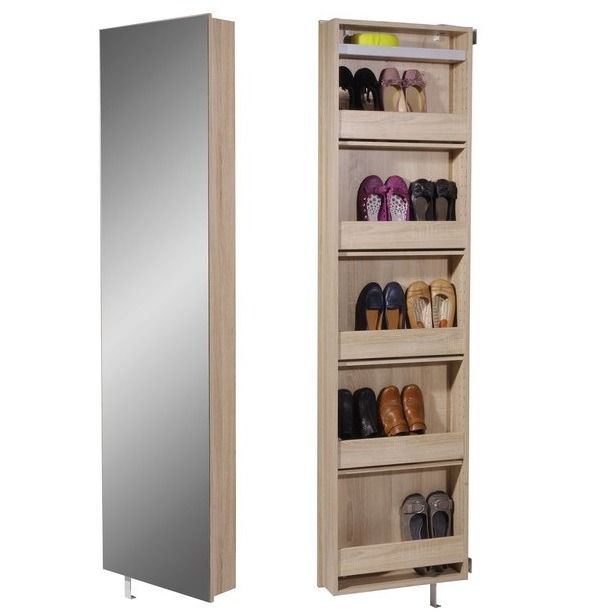 Roterende schoenenkast Elda – 195 cm hoog, spiegeldeur in warme Sonoma eiken