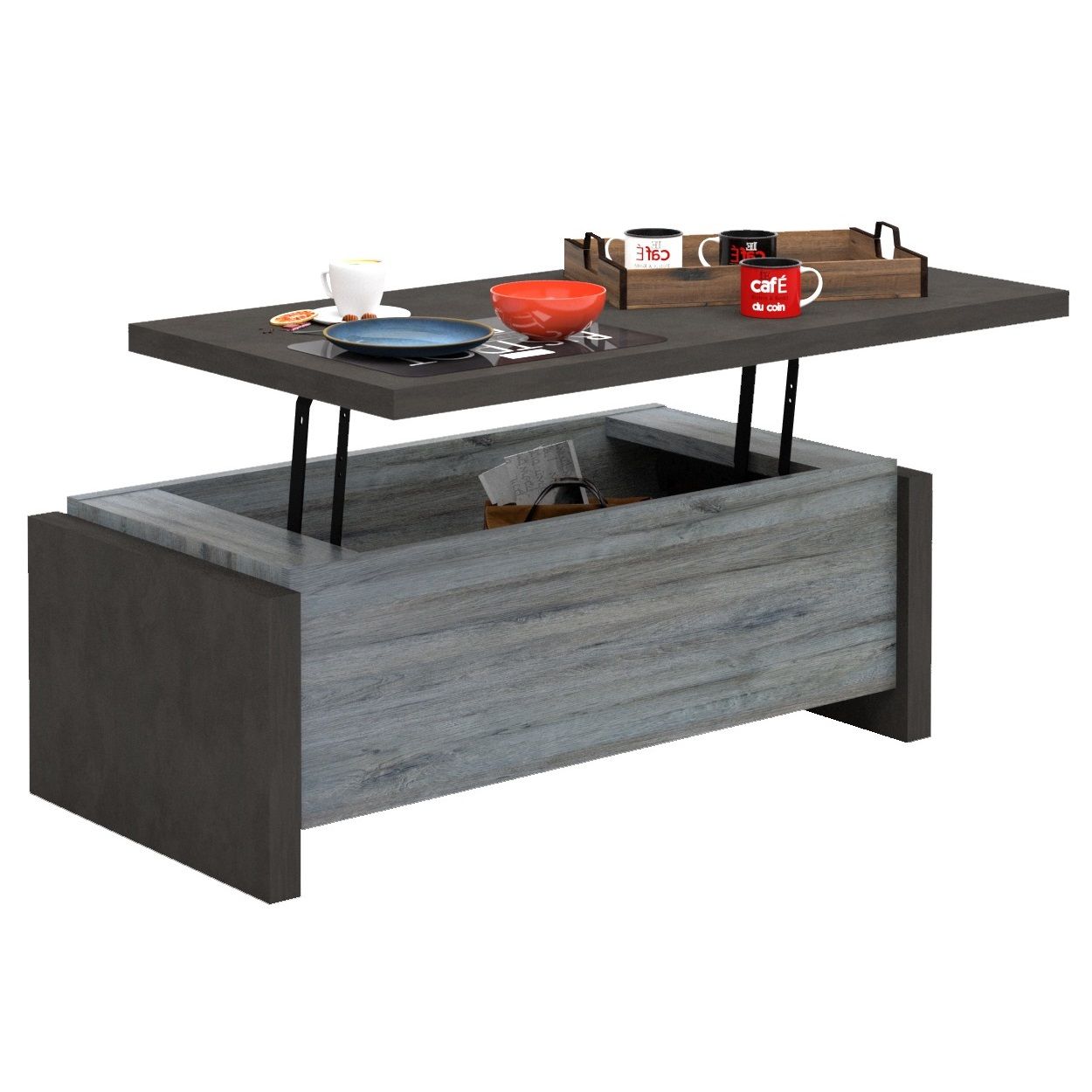 Salontafel Baxter – uitschuifbaar grijs eiken met antraciet, 118 × 64 cm