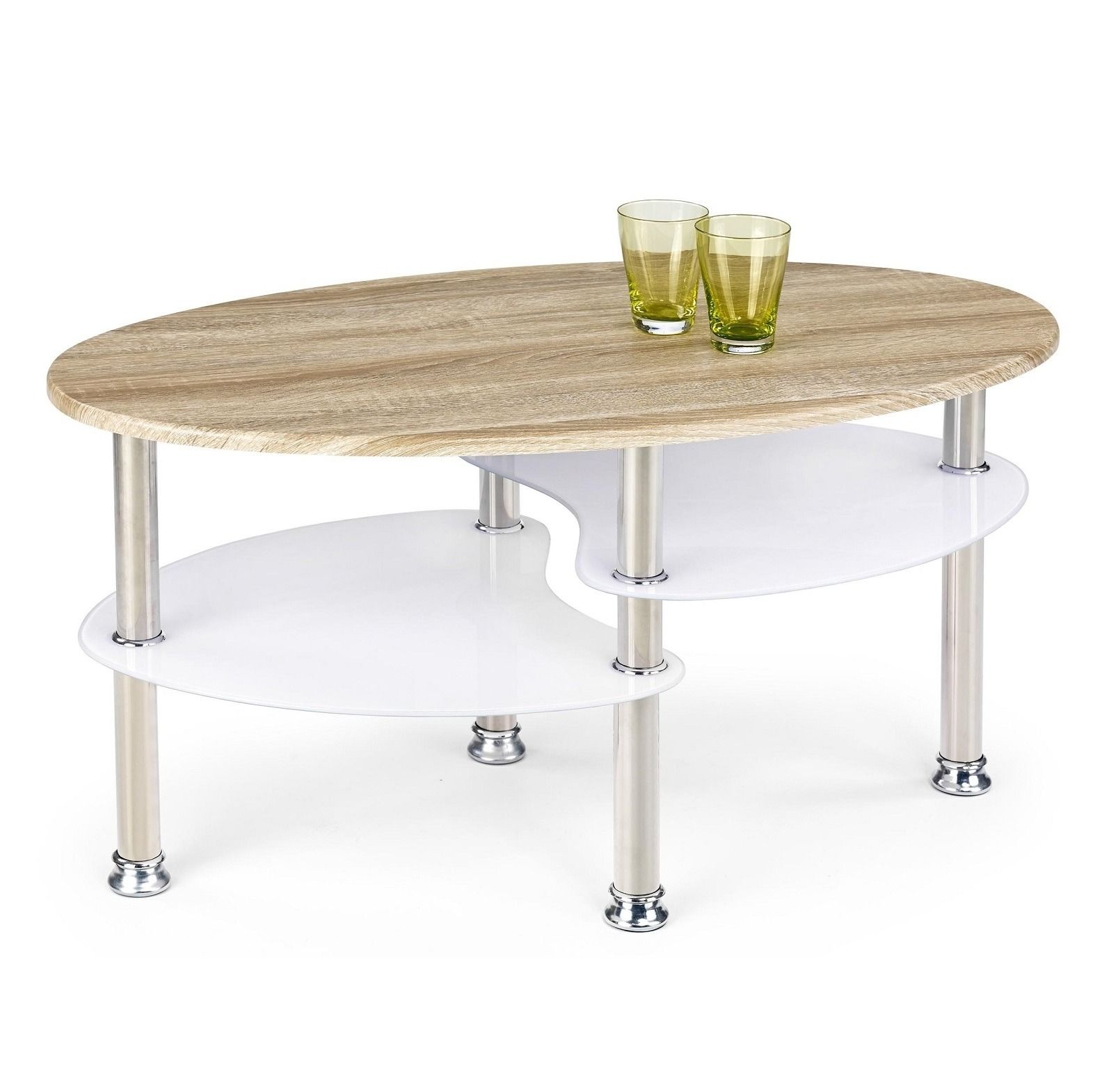 Salontafel Medea 90 cm – Sonoma eiken met glas‑ en staalframe