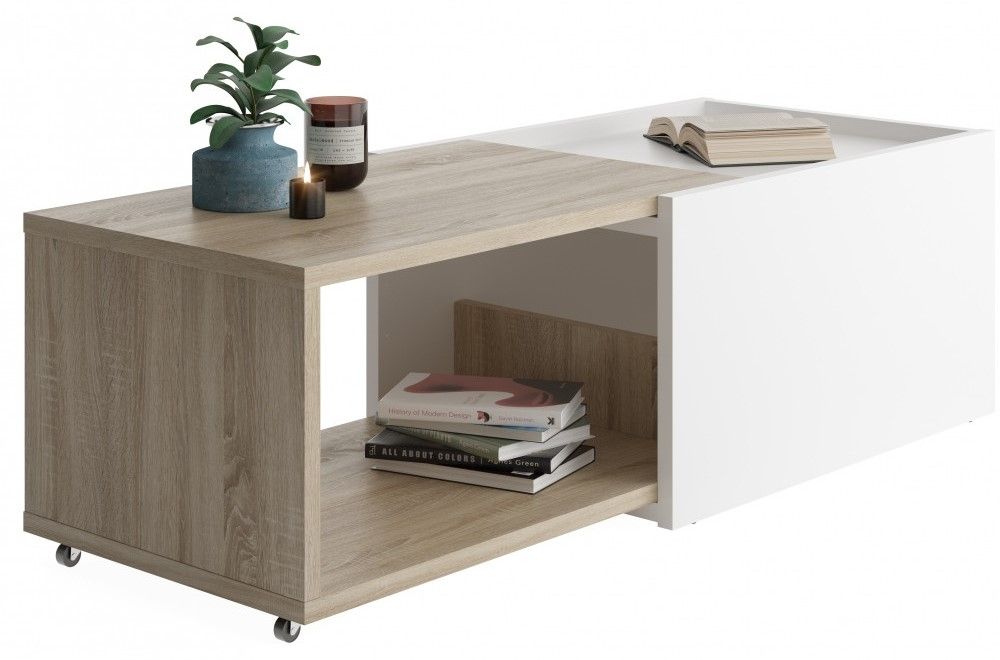 Salontafel Slide – Moderne uitschuifbare eiken tafel met witte afwerking (38 cm hoog)