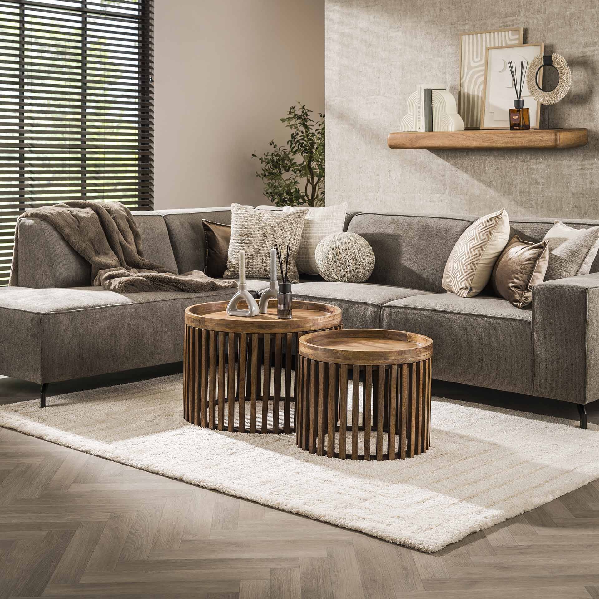 Salontafel Twiggy Mangohout – Set van 2 ronde tafels met zandkleurige finish