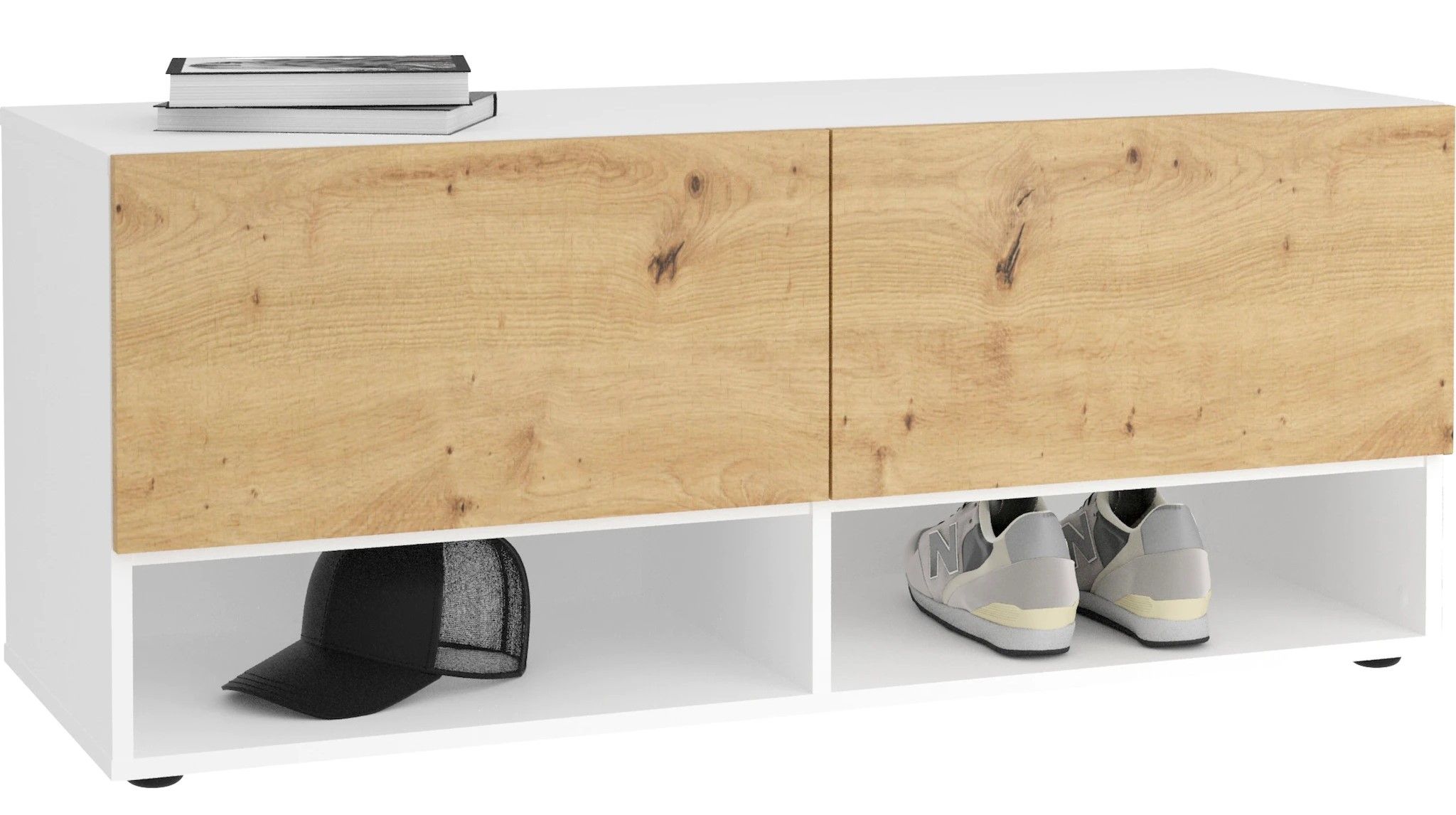 Schoenenbank Belm 109 cm – Witte schoenenkast met eiken en soft‑close lades