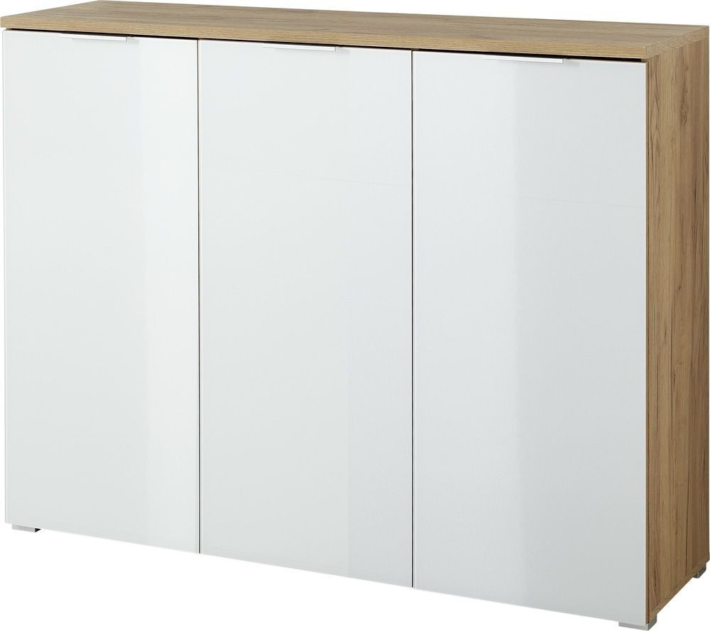 Schoenenkast Telde 134 cm – Navarra eiken & wit, soft‑close en veiligheidsglas