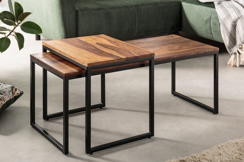 Set van 2 design salontafels Elements – 100 cm massief Sheesham met steenafwerking en metalen frame