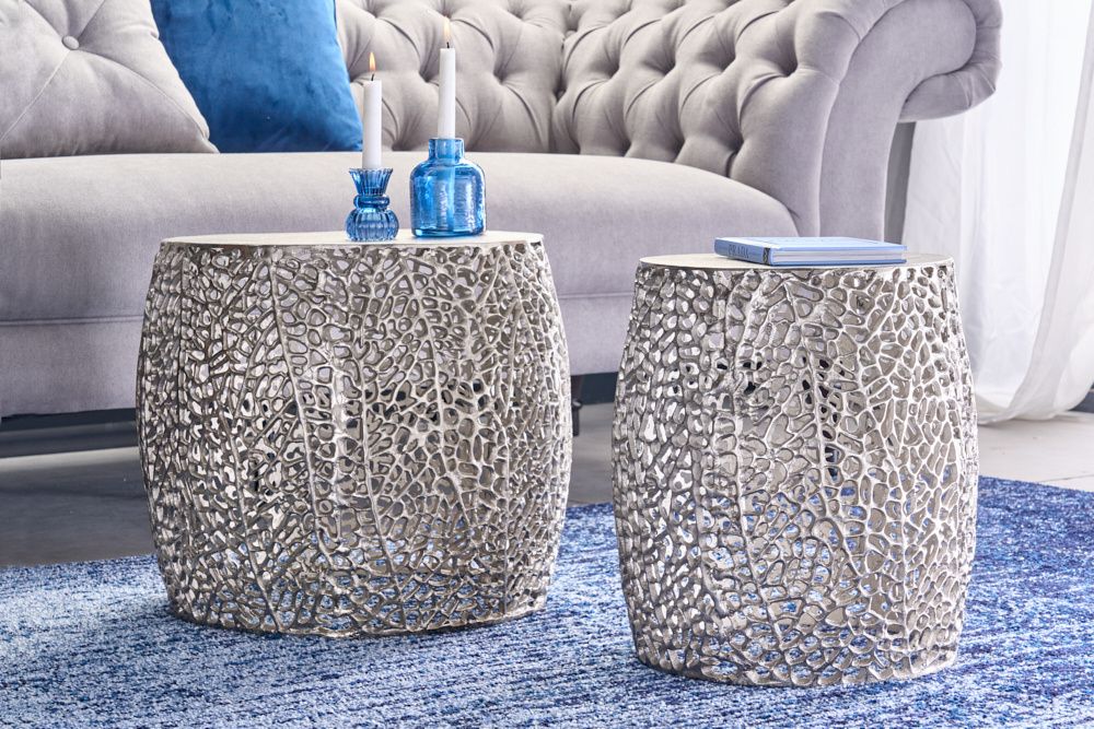 Set van 2 handgemaakte filigrane salontafels – Abstract Leaf in antiek zilver