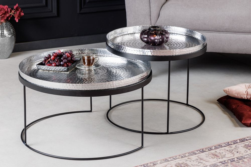 Set van 2 ronde salontafels 60 cm – Zilverzwart metalen design van Invicta Interior