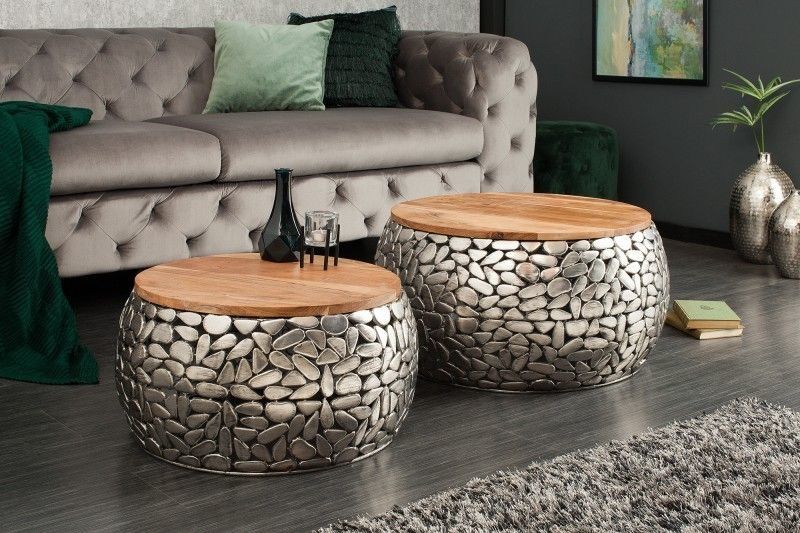 Set van 2 ronde salontafels Stone Mosaic – 65 cm, zilver & mangohout