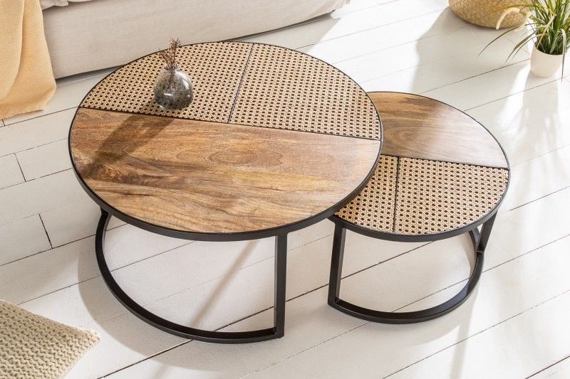 Set van 2 ronde salontafels Vienna Lounge – 70 cm, massief mangohout met zwart rieten metalen frame