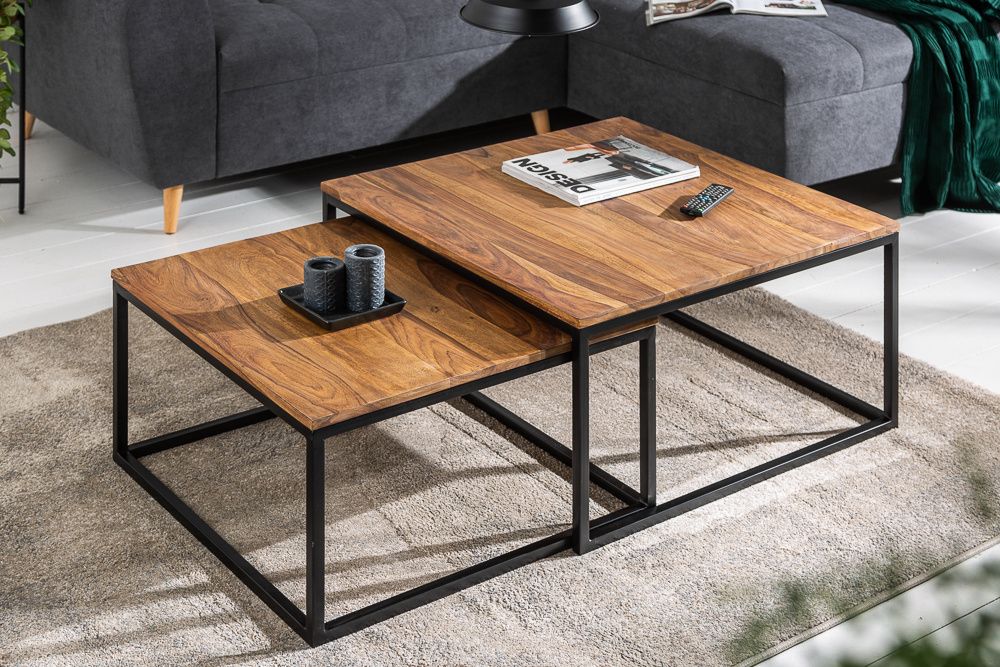 Set van 2 salontafels 65 cm – massief sheesham met steenafwerking en zwarte ijzeren poten | Invicta Interior