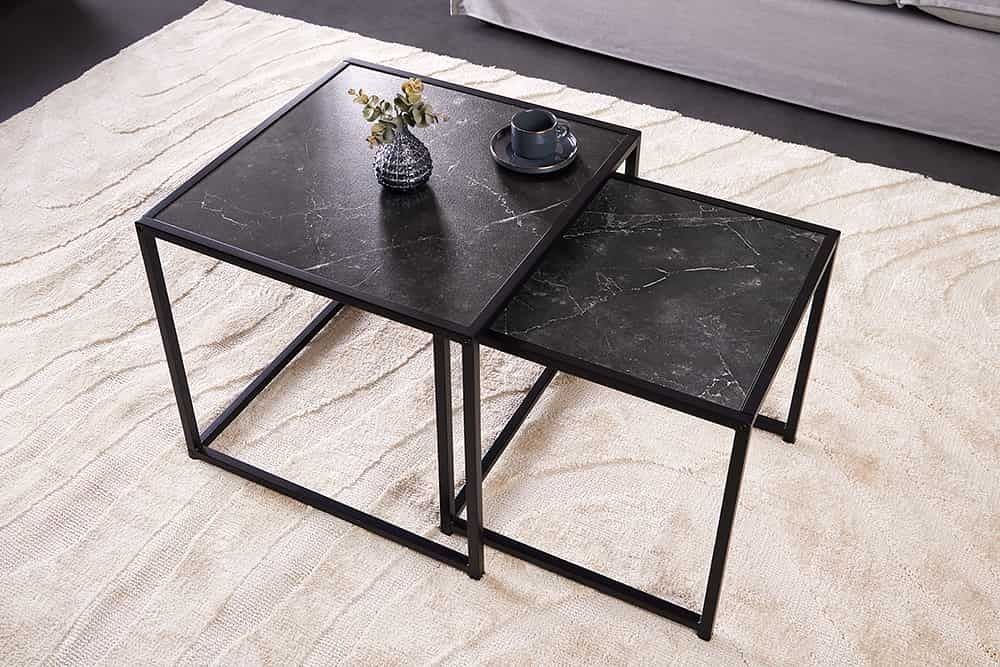 Set van 2 SLIM LINE Bijzettafels – Antraciet Zwart & Marmer, Modern Design