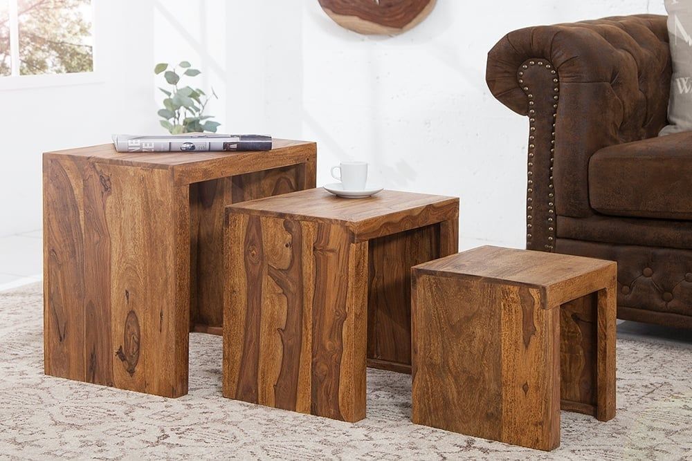 Set van 3 massief houten bijzettafels MAKASSAR – 45 cm, Sheesham met unieke korrel