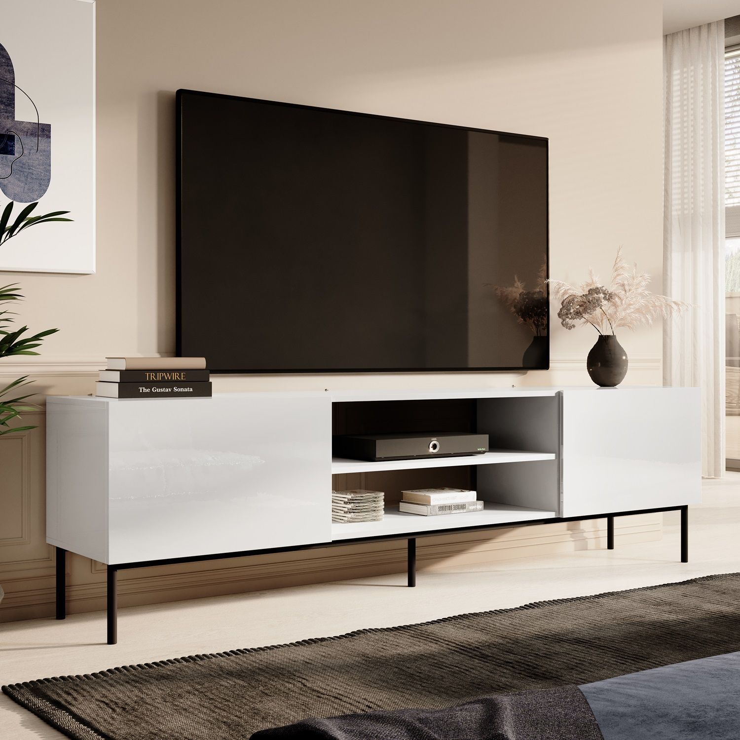 Slide tv‑meubel 200 cm – Hoogglans wit met zwart onderstel