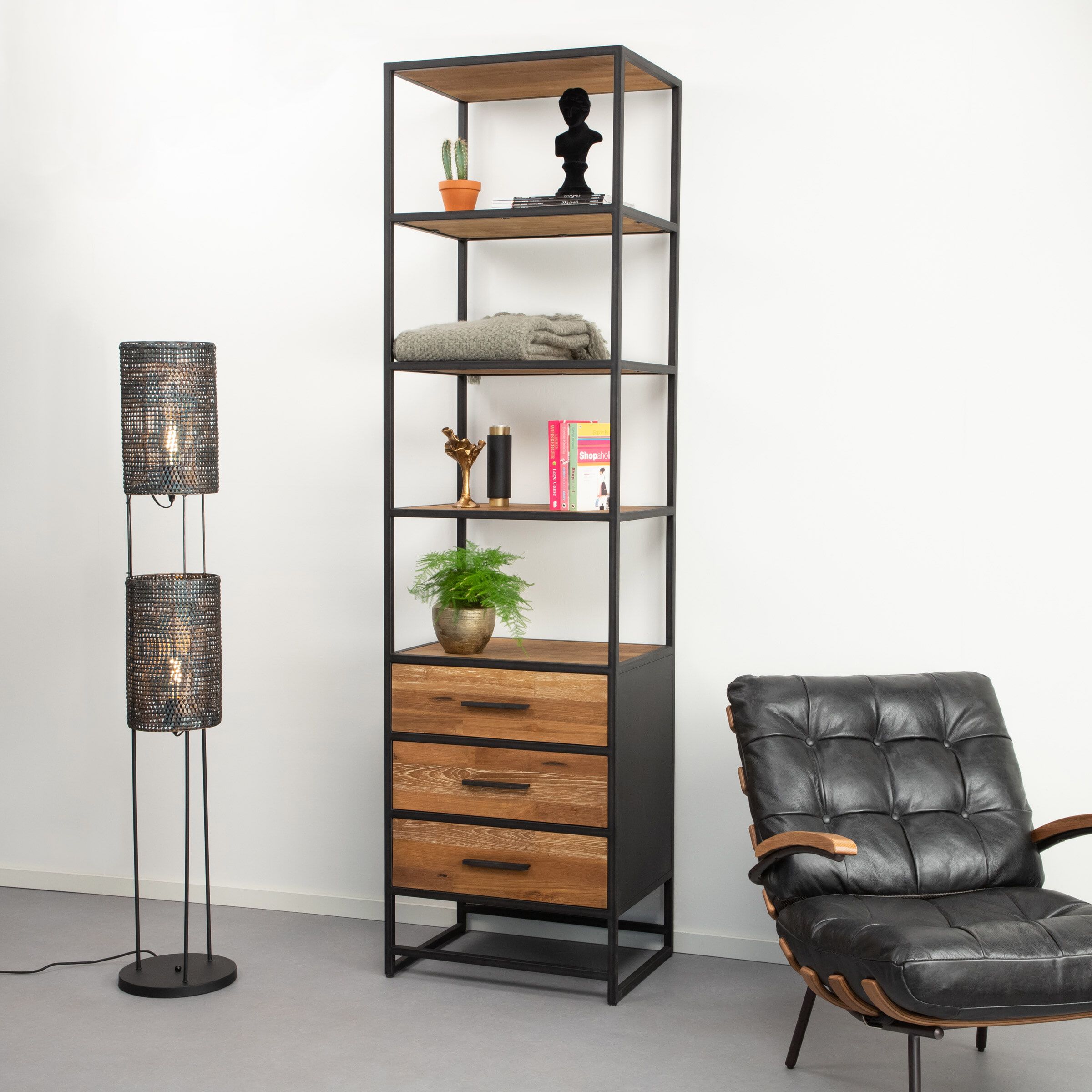 Sohome Boekenkast Manilla – Stoere Teak en Staal in Bruin, 60 × 220 cm