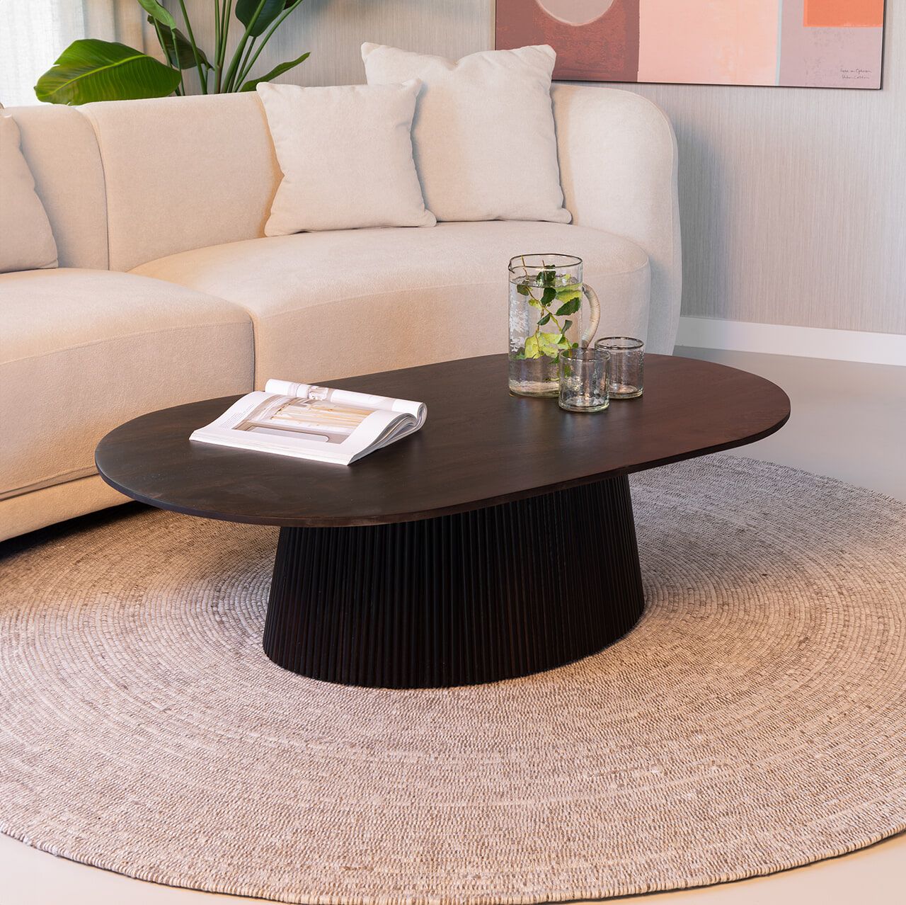 Sohome Ovale Salontafel Olav – Mangohout met Walnootkleurige Finish, 120×70 cm (Japandi)