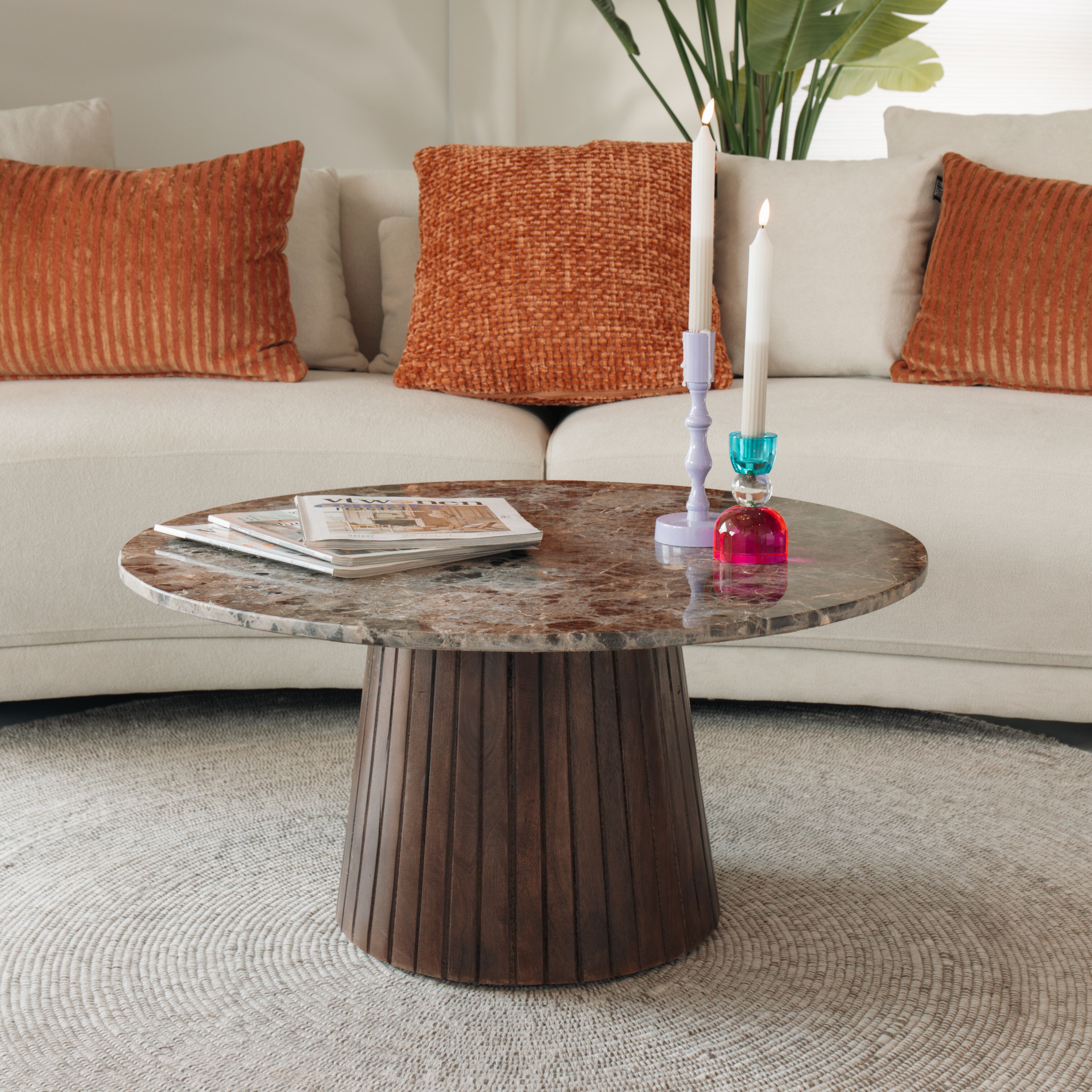 Sohome ronde salontafel 80 cm – elegante emmerador marmer op warme mangohouten onderzetting