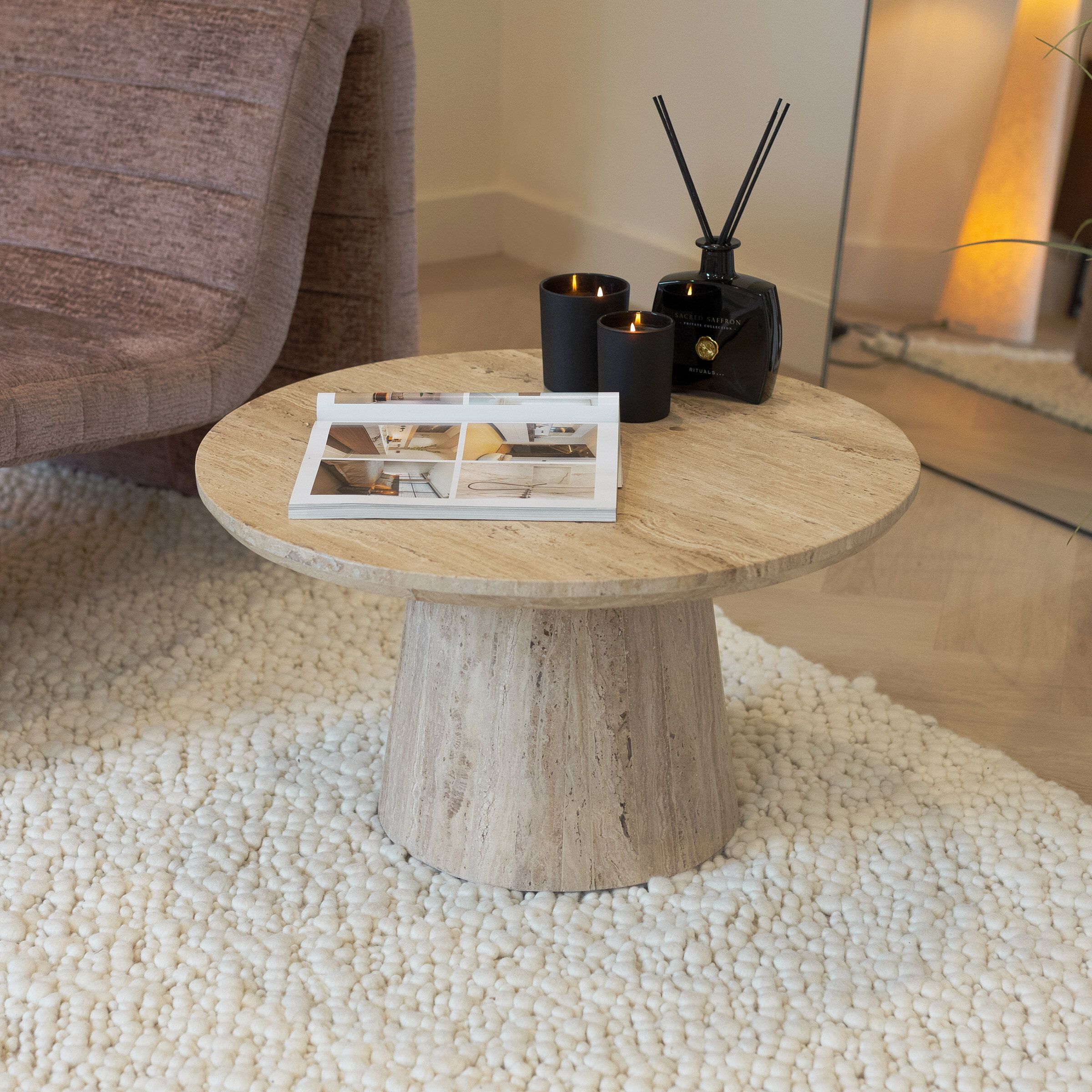 Sohome Ronde Salontafel Rachelle – Travertin, 70 cm, Japandi Beige