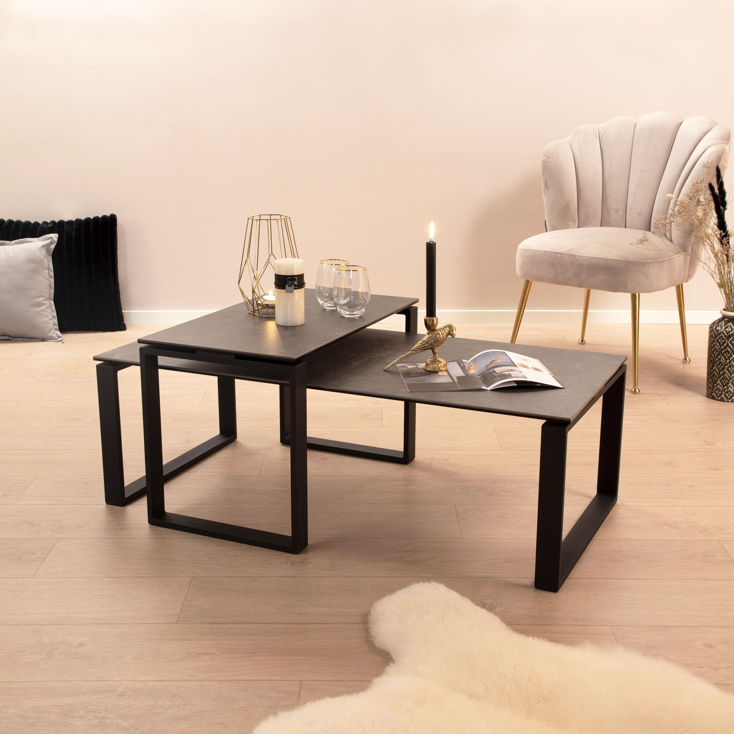 Sohome Salontafel Parker – Strakke zwarte set van 2 met keramisch glasblad