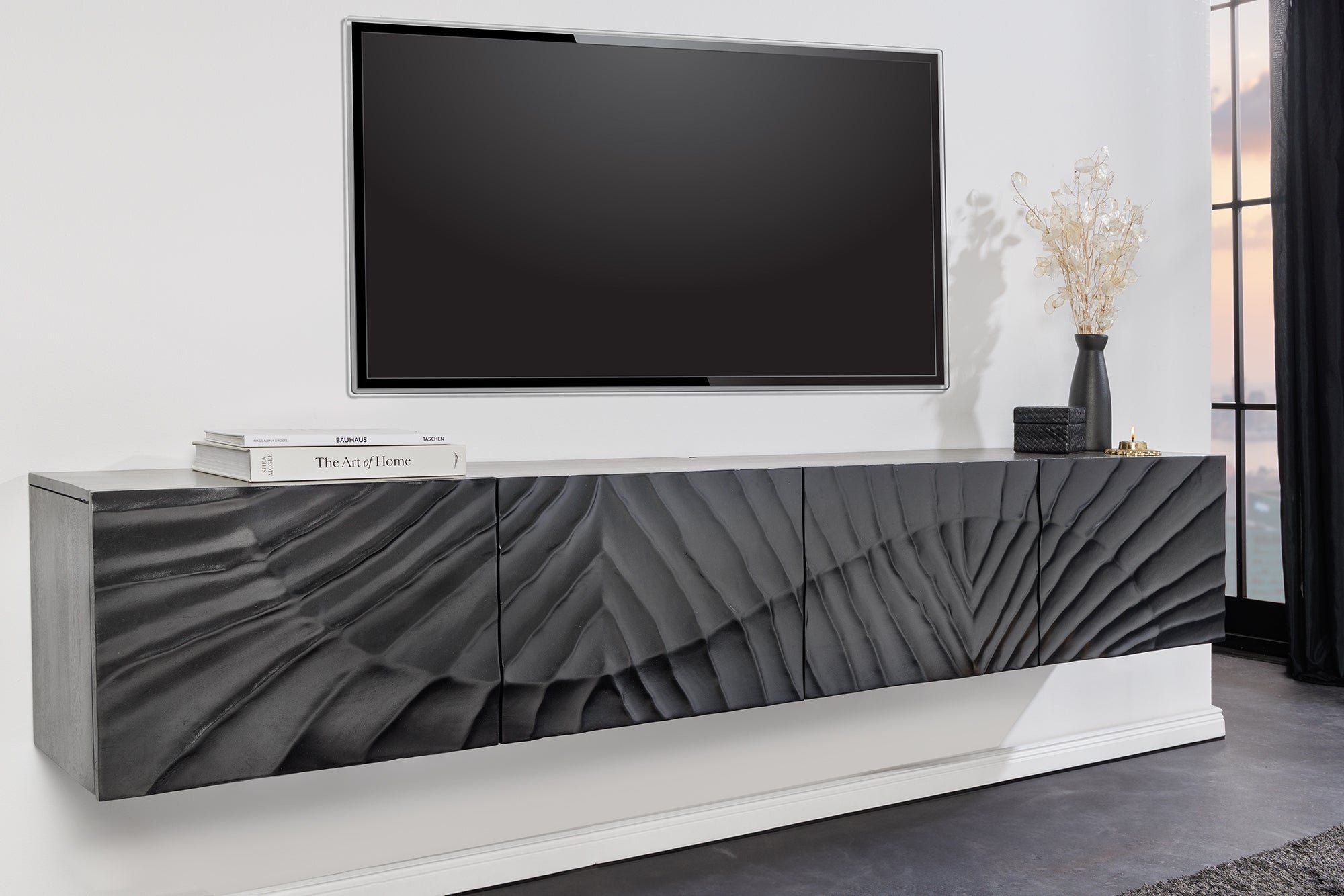Solid TV Lowboard Scorpion 200 cm – Hangend 3D‑Design in Zwart & Mangohout