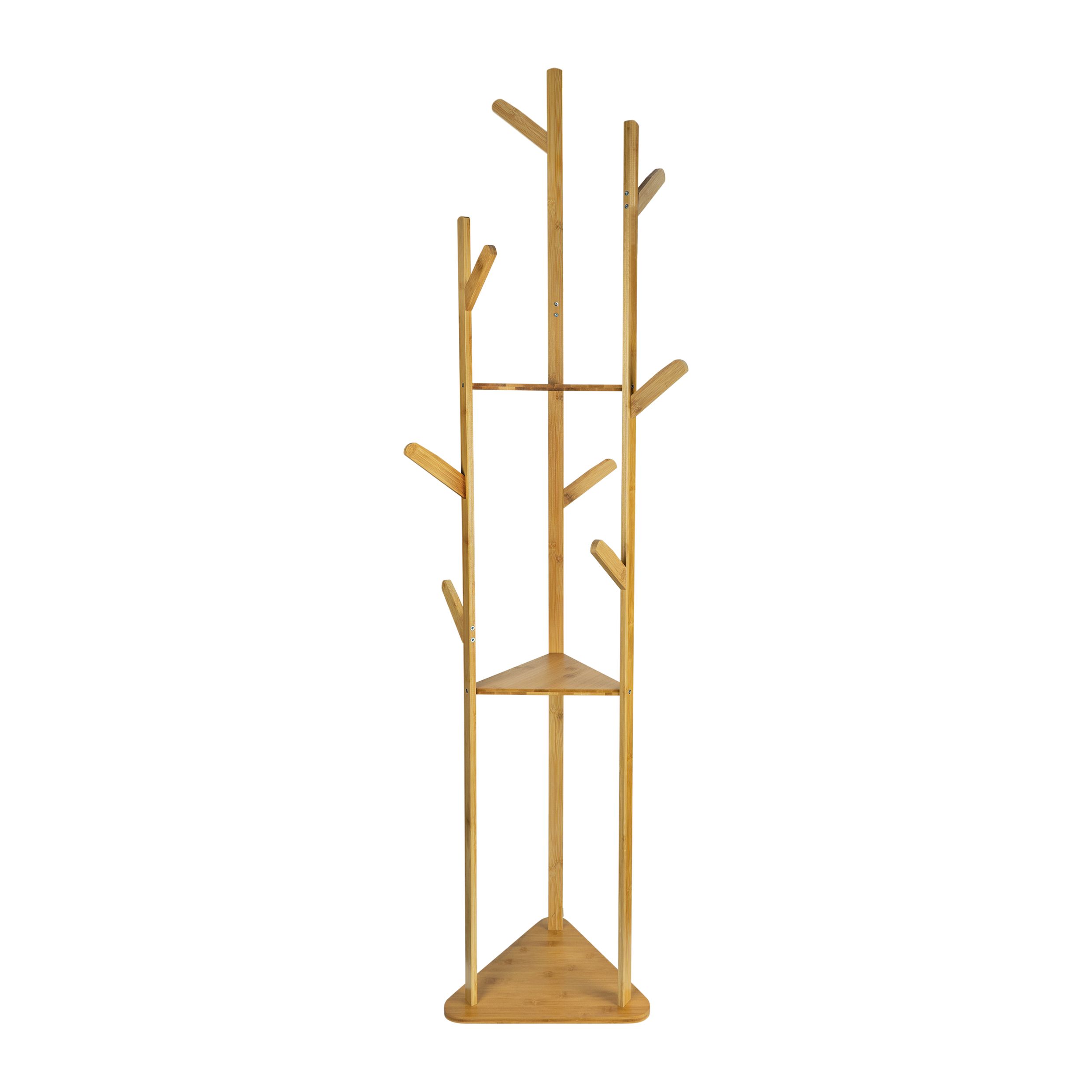 Staande kapstok QUVIO – 9 haken, 3 legplanken, lichtbruin boomdesign