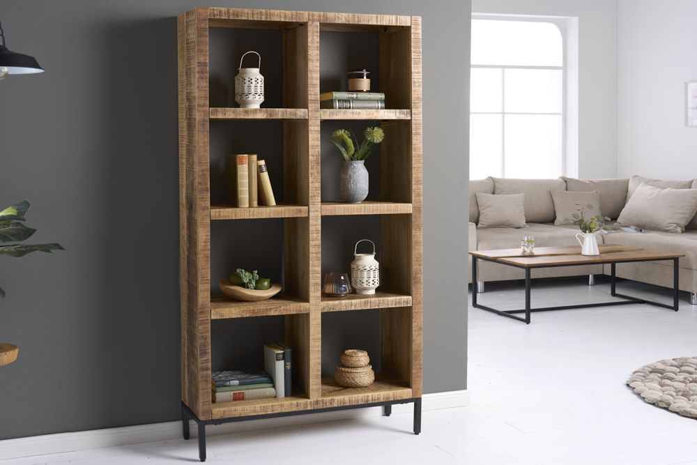 Stevige mangohouten boekenkast IRON CRAFT – 176 cm, 8 vakken, industrieel design