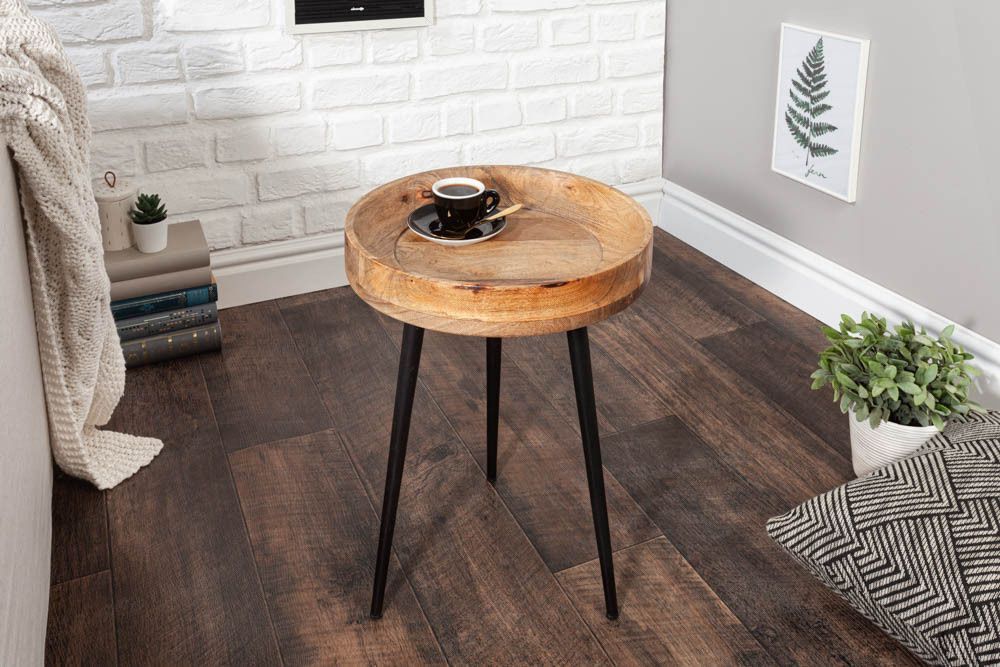 Stevige ronde bijzettafel PURE NATURE – Mangohout met zwarte metalen poten