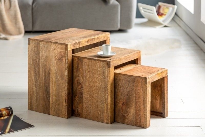 Stevige set van 3 bijzettafels MAKASSAR – 45 cm massief mangohout