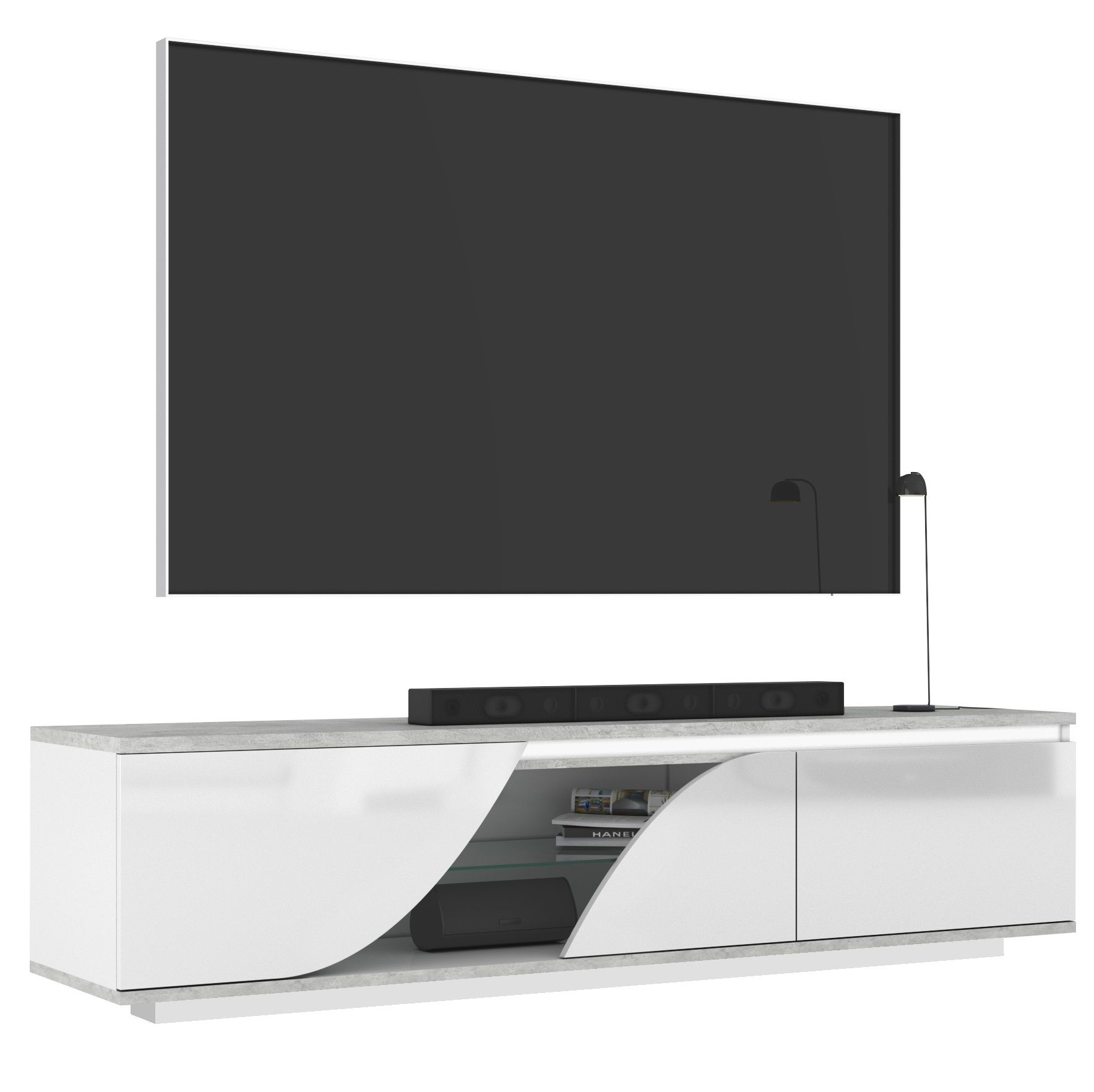 Stijlvol Goya TV‑meubel 200 cm – Hoogglans wit met betongrijze accenten
