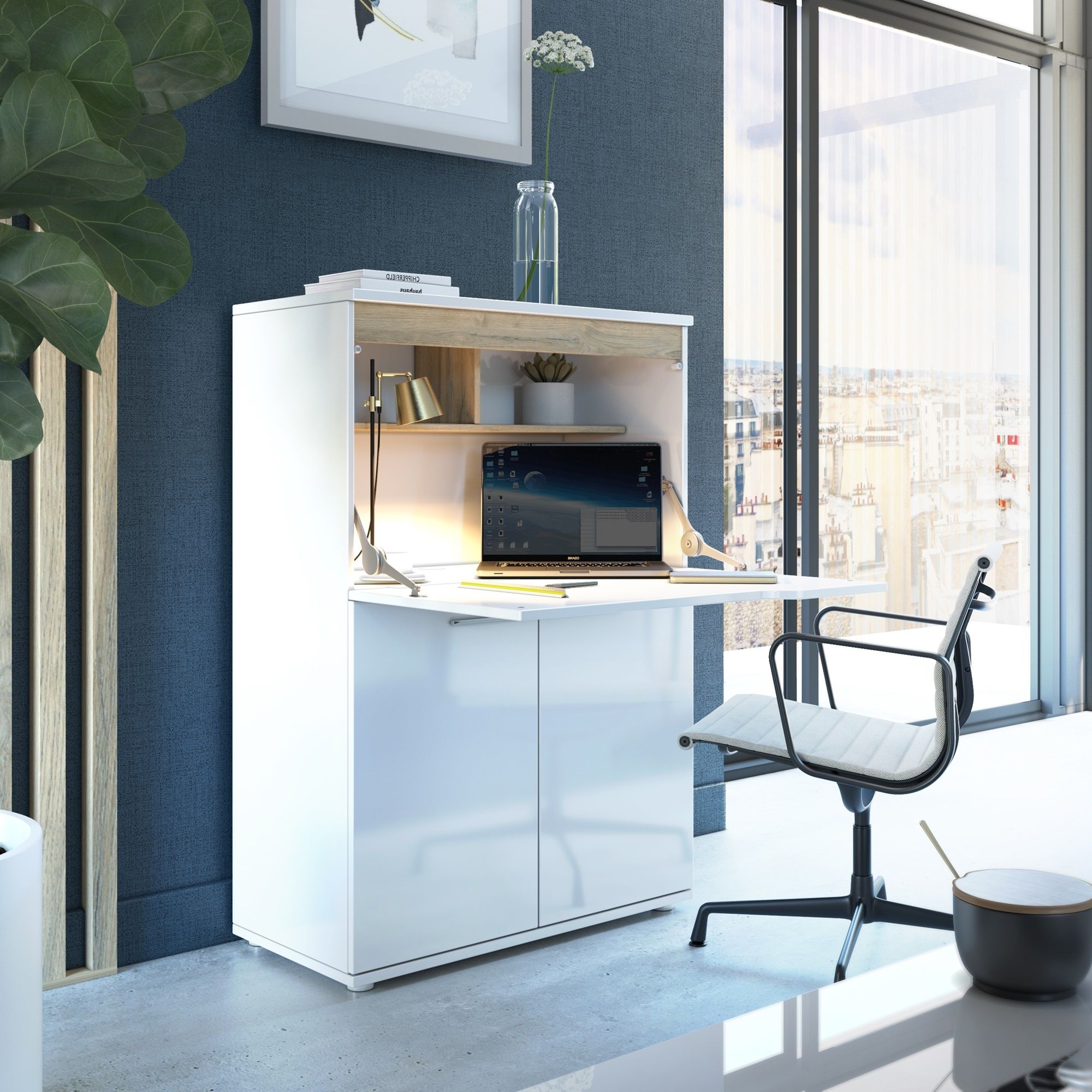 Stijlvol secretaire bureau Dayana 90 cm – Hoogglans wit met eikenaccent