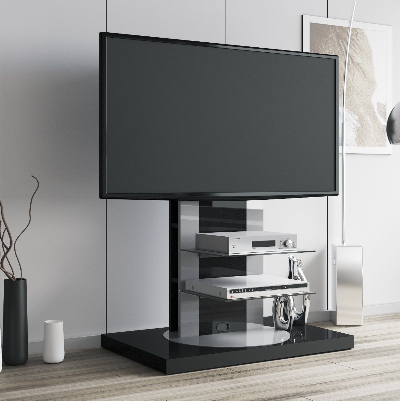 Stijlvol Tv-meubel Roma 2 – Hoogglans Zwart, 360° draaiplateau, geschikt voor tot 52” TV