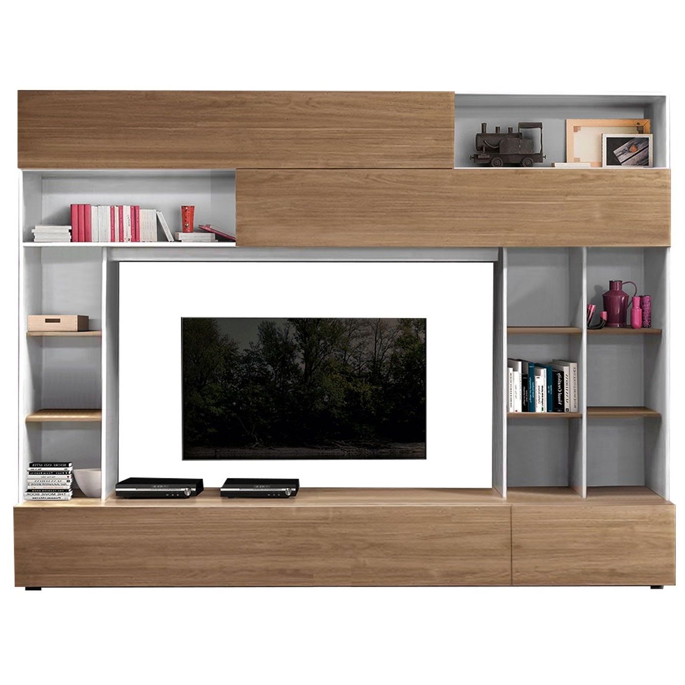 Stijlvol tv‑wandmeubel Tiko – 277 cm breed in wit & stelvio walnoot