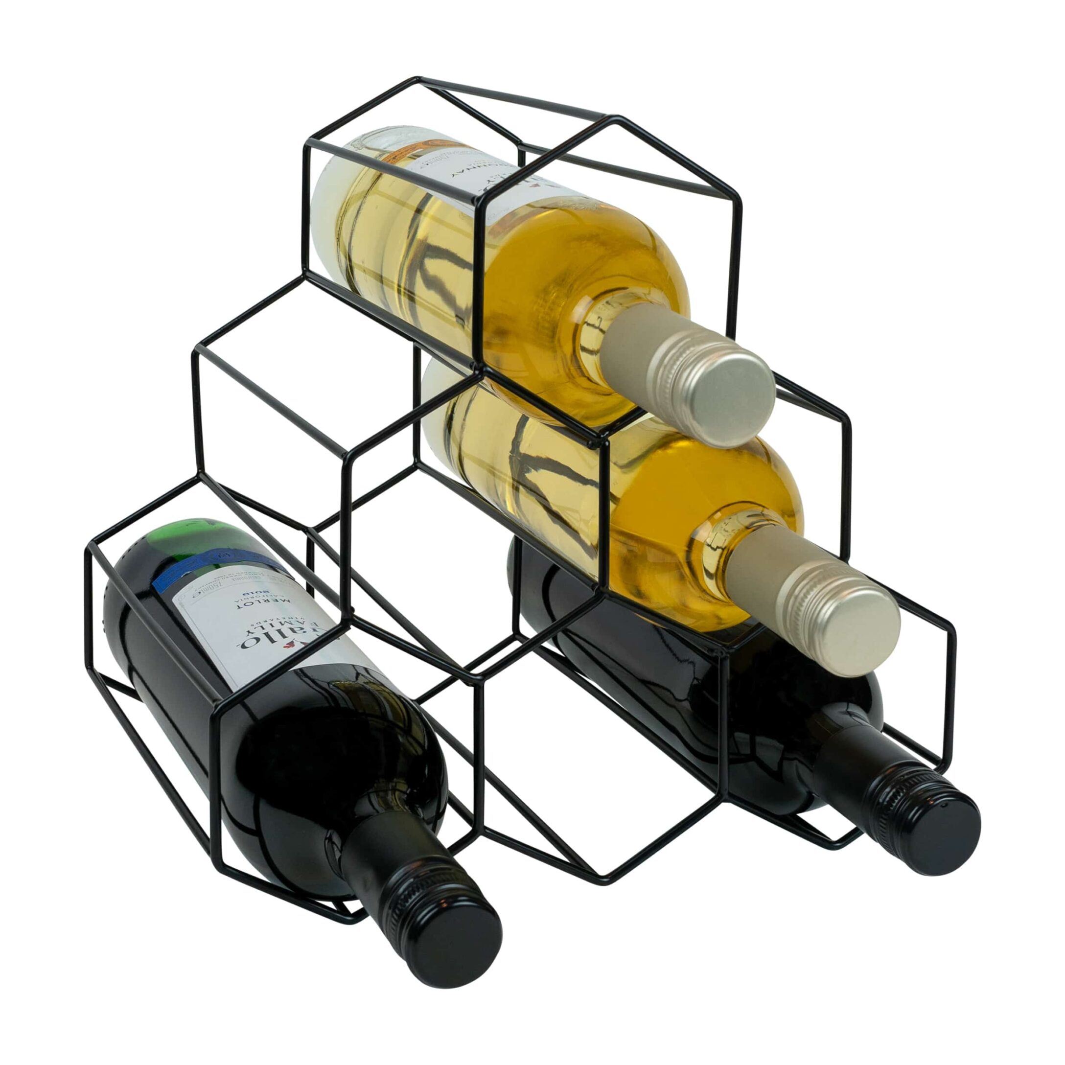 Stijlvol zwart QUVIO wijnrek voor 6 flessen – modern hexagon design