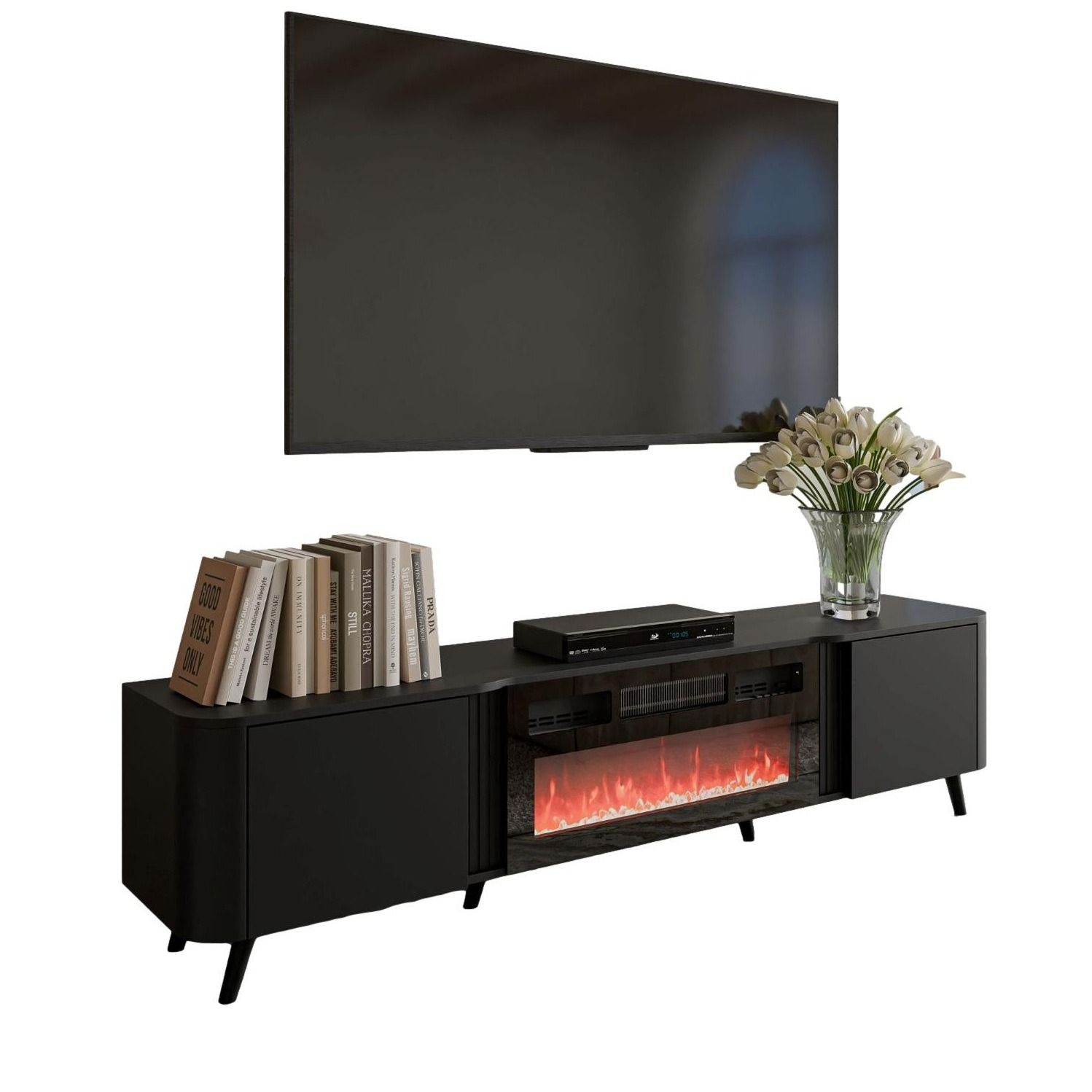 Stijlvol Zwart Tv‑meubel Curve 200 cm met Ingebouwde Sfeerhaard – Home Style