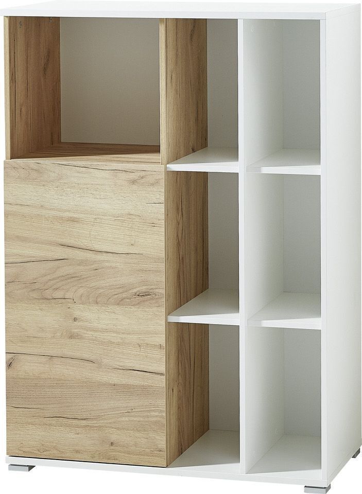 Stijlvolle boekenkast Lioni – 120 cm hoog, wit en navarra eiken