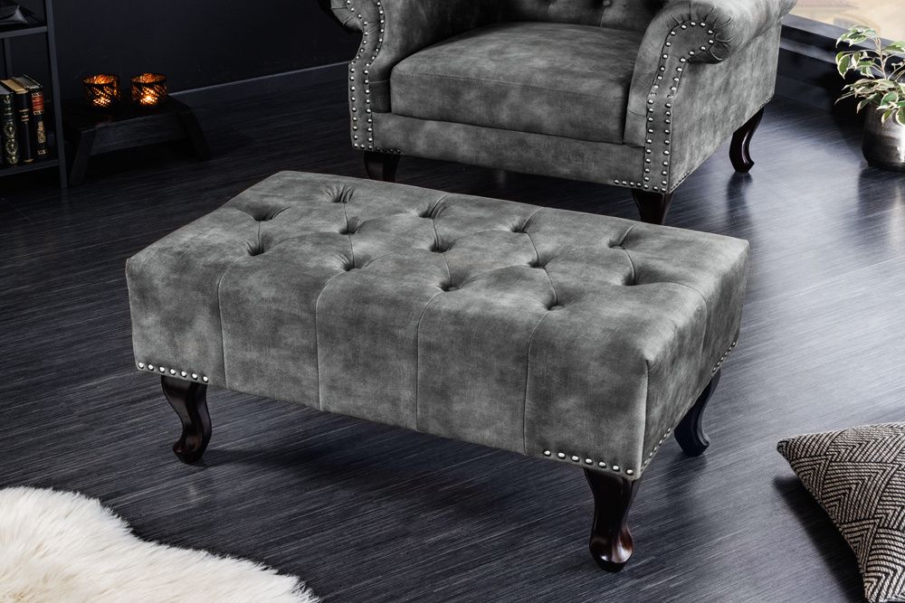 Stijlvolle Chesterfield kruk 80 cm – Grijs fluweel met klinknagelrand