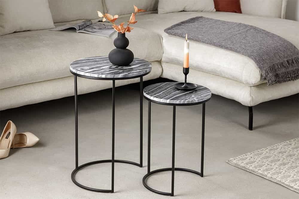Stijlvolle design bijzettafel set van 2 – grijs marmer & zwart frame